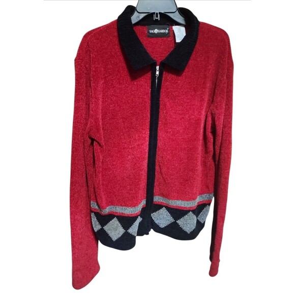 Sag Harbor Women’s Large Red Black Zip Up Sweater Jacket Soft Knit Retro - Picture 1 of 7